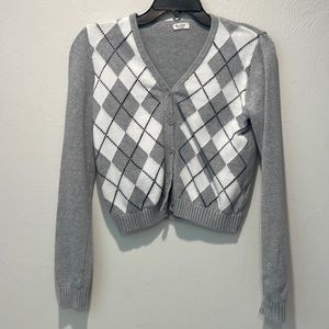 brandy melville gray, black, and white checkered v neck sweater, likely a small